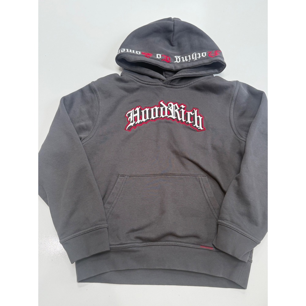 Hoodrich Kids Pullover Hoodie Grey Embroidered Logo Streetwear Size M 10-12Y